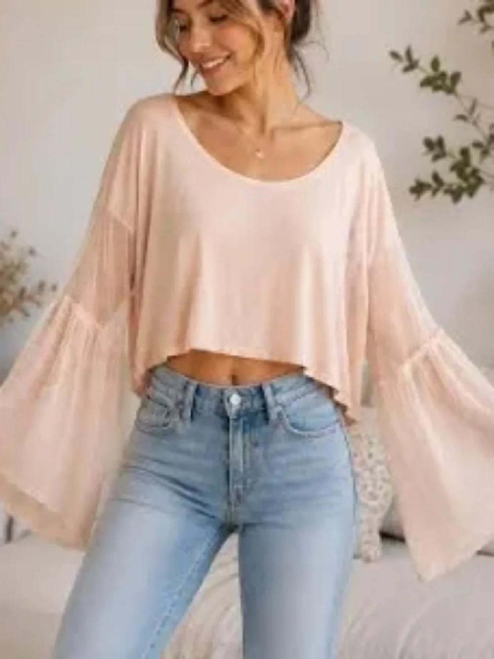 Free People Cropped Bell-Sleeve Top in Blush